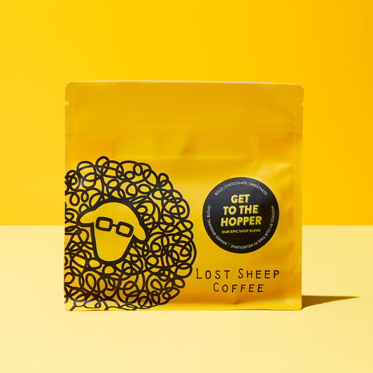 Lost Sheep Coffee: Get To The Hopper Blend in yellow packaging