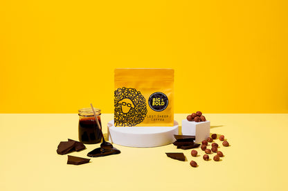 Lost Sheep Coffee's darkest roast in yellow packaging surrounded by Dark treacle, dark chocolate and hazelnut tasting notes