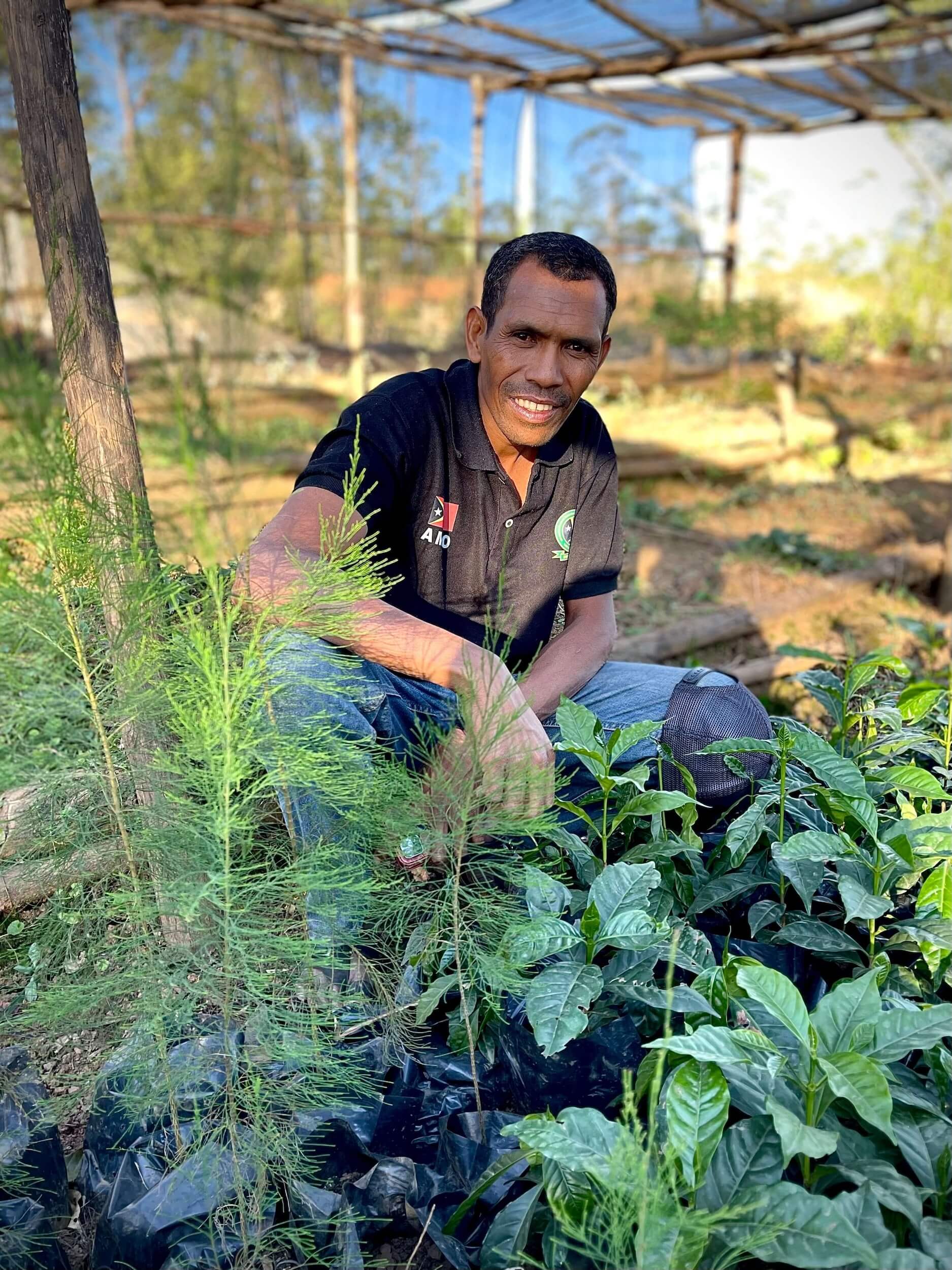 Smiling man next to coffee plants