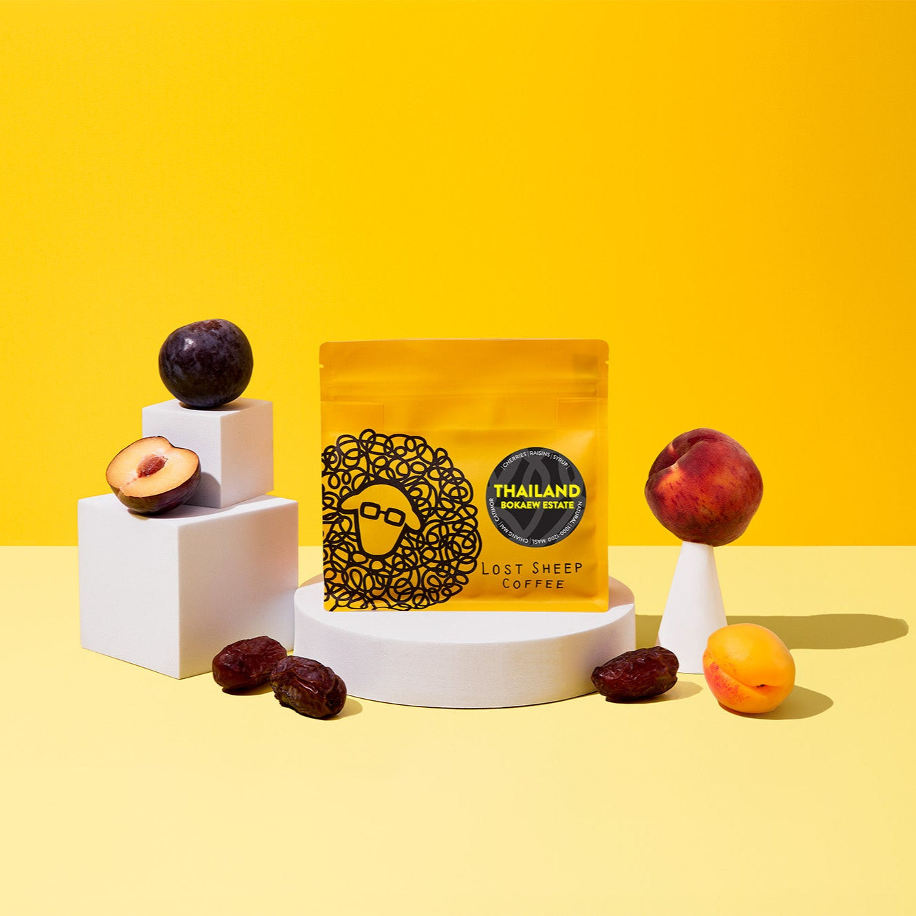 Coffee bag with fruit on a yellow background