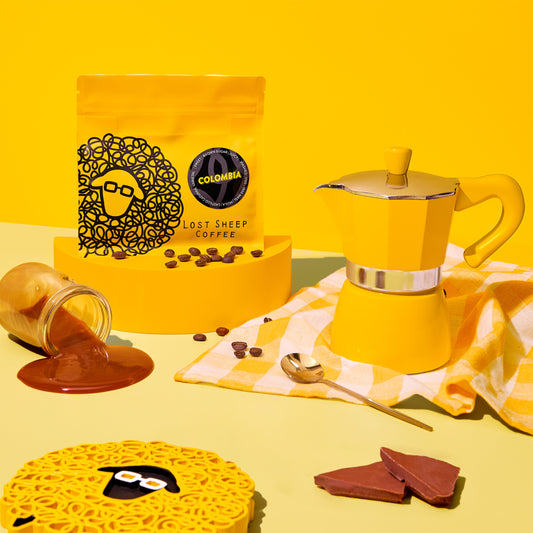 Lost Sheep Coffee packaging and yellow cafetiere