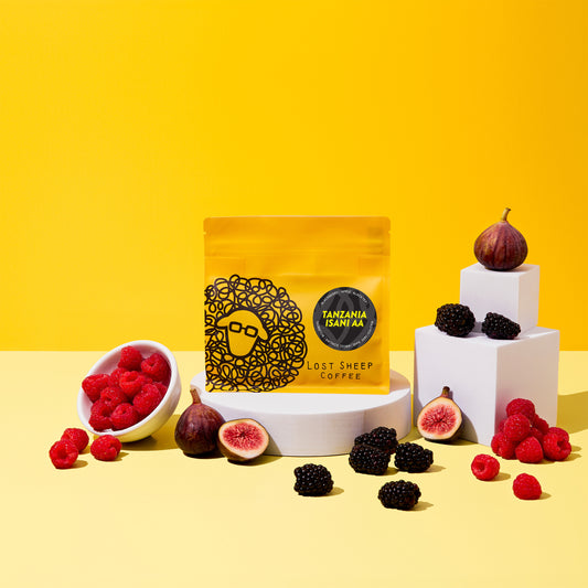 Lost Sheep Coffee packaging and fruit