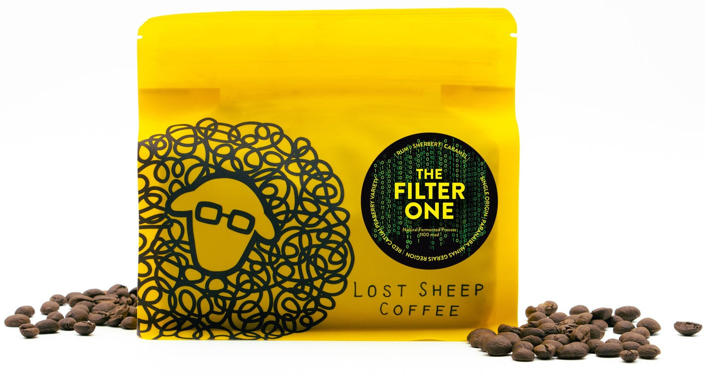 Lost Sheep Coffee: The Filter One in yellow packaging