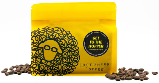 Lost Sheep Coffee: Get To The Hopper Blend in yellow packaging