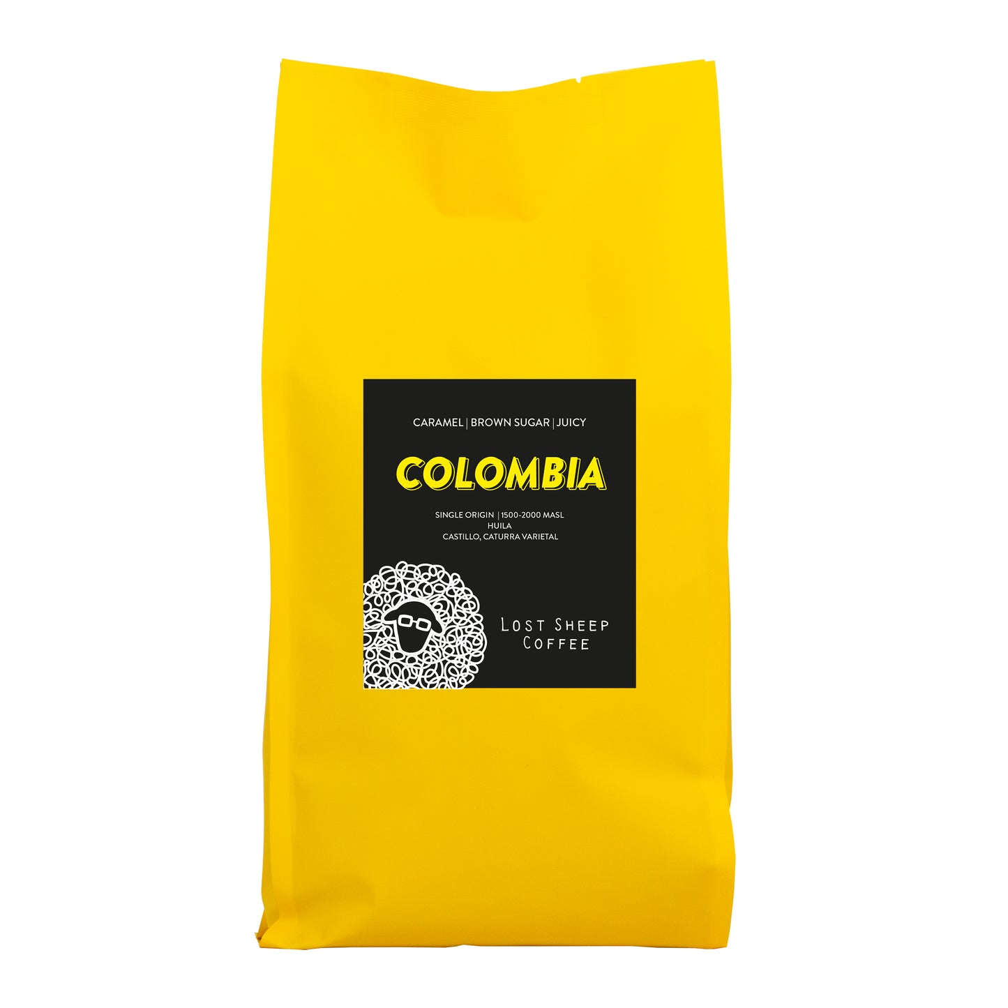 Colombia Huila coffee by Lost Sheep Coffee in yellow trade packaging